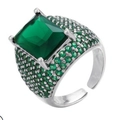 Silver-tone adjustable ring with emerald-cut green stone and multi-row pave setting - Adjustable Open / Silver-Green Zirconia