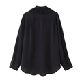 Rear view of black long sleeve shirt featuring ruffled collar and curved hemline details - XS / Black