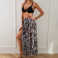 Three-piece black bikini set with high-slit zebra print beach skirt and gold ring detail - Black with Zebra Print Set