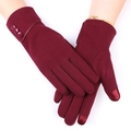Burgundy winter thermal knit gloves for women with touch screen fingertips and button detail - Three Button Turnover Style / Red