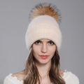 Bonnet en tricot beige pour femme avec pompon marron moelleux et bord replié pour l'hiver - Poche zippée