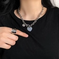Silver beaded drawstring sweater necklace with engraved love heart tag and layered ring set - Silver Heart