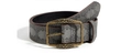 Close-up of embossed floral leather belt with vintage bronze buckle in grey - Embossed Pin Buckle / Gray