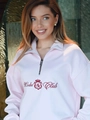 Detail of baby pink fleece hoodie showing half-zip collar and red Moda Club crown logo - S / Thin Style / Pink