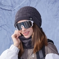 Winter thermal set featuring dark grey knit hat, thick neck gaiter and white goggles - Gray
