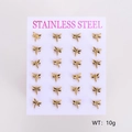 Detailed set of twelve pairs of golden stainless steel dragonfly stud earrings on a card - Dragonfly Design