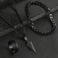 Detail of matte black stainless steel jewelry set with arrow pendant and cuban chain - Black Arrow Set
