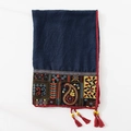 Navy linen scarf with ethnic embroidery, red tassels, and floral paisley details - Checkered Navy
