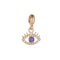 Macro view of evil eye jewelry pendant with blue crystals and golden alloy base - Blue Rhinestone Evil Eye