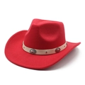 Detailed view of red cowboy hat featuring beige leather band and retro floral metal rivets - M (56-58cm) / Red