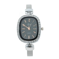 Fashion women's quartz watch with black oval dial, rhinestone bezel and silver mesh strap - Black