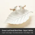Leaf-shaped white ceramic jewelry tray with two realistic bird figurines on the edge - Green Leaf Bird Tray - Style 2 White