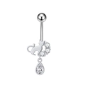 Detailed view of silver cat navel ring with zircon accents and teardrop pendant charm - Cat Silhouette Dangle (3005)