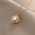 Golden double-loop pendant necklace with pavé stones and round white pearl on silk - Titanium Steel Gold Style (X679)
