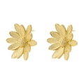Macro detail of gold flower stud earrings with textured petals on white background - Golden Daisy
