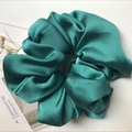 Oversized dark green satin scrunchie with silky pleated texture for women hairstyles - Dark Green