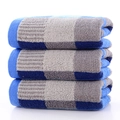 Three-piece cotton towel set featuring a blue and grey geometric patchwork pattern - Color Block Grid - Blue