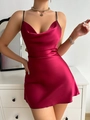Elegant wine red satin slip dress with cowl neck and thin black straps for women - S / Red