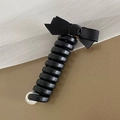 Black spiral telephone wire hair tie featuring a ribbed ribbon bow and white bead accent - Black [Fabric Bow]