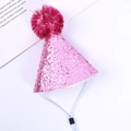 Pink sequin pet party hat with adjustable strap for dogs and cats birthday celebration - Encrypted Glitter Pom Pom Hat / Pink
