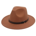 Classic brown wool felt fedora hat featuring a black leather band with gold rivets - M (56-58cm) / Khaki