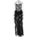 Detail eines schwarzen Spitzenmaxikleids mit Neckholder-Design und Volantbesatz - S / Schwarz
