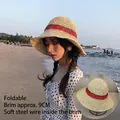 Beige foldable straw sun hat with 9cm brim and red ribbon for beach vacation - L (58-60cm) / Foldable Steel Wire Beige