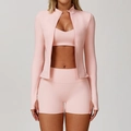 Completo yoga 3 pezzi rosa chiaro con shorts a vita alta e giacca con zip e fori per i pollici - Taglia S / Top E Pantaloni / Set da 3 pezzi (con pantaloncini) / Rosa Pesca