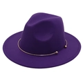 Detail of deep purple fedora hat featuring minimalist gold metal band with spherical ends - Purple