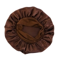 Detailed texture of brown satin sleep bonnet with elastic wide band for hair protection - One Size / Coffee