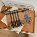 Classic British style khaki plaid scarf in faux cashmere with fringe and soft texture - 15# Classic Khaki Plaid