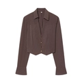 Brown striped cropped shirt with shoulder pads and deep V-neckline in a flat lay view - XS / Chestnut