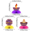 Three-piece Happy Diwali paper honeycomb centerpieces with dimensions and Diya lamp designs - Diwali Honeycomb Centerpiece