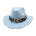 Detail of light blue felt cowboy hat featuring USA metal emblem and American flag band - Sky Blue