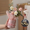 Detail of pink knitted flower puff bucket bouquet with LED string light and handbag - With Light + Bag / White + Pink