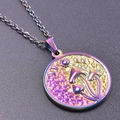 Macro shot of colorful mushroom and celestial pattern on round stainless steel pendant - Rainbow Color + Necklace Chain