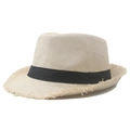 Μπεζ ψάθινο καπέλο fedora με μαύρη κορδέλα και ξεφτισμένες άκρες για τον ήλιο - Μπεζ