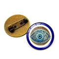 Turkish Blue Evil Eye brooch with gold metal backing shown from front and back view - Bronze-8