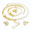 Golden titanium steel set with square zircon, white pearls, necklace and bracelet - Transparent Square Zirconia Style (KS201005-LX) / Gold