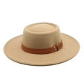 Detail of camel wool felt boater hat with brown leather strap and silver rivet accents - M (56-58cm) / Khaki