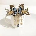 Elegant gold butterfly hair claw clip with rhinestones and dangling crystal tassel charms - Dark Grey