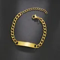 Detail shot of golden stainless steel Cuban link bracelet with engravable metal nameplate - Gold (with Extension Chain)