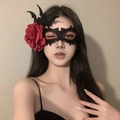Black bat-shaped masquerade mask with a red rose decoration and sparkling red rhinestones - Black Bat Red Rose Mask