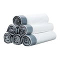 Stack of 6 white and grey drawstring trash bags in a pyramid arrangement for home use - White with Black String (5 Rolls 75 Pcs)