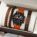 Close-up of a 4-piece men's watch set featuring an orange leather strap in a gift box - Orange Leather Strap Set S00423 (Watch And Bracelets)