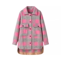 Relaxed pink and grey plaid flannel shirt jacket with large pockets and curved hemline - Pink Plaid