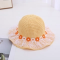 Light yellow straw hat for girls with white lace trim and daisy floral embroidery - Lace Floral / Circumference 50-53cm / Yellow