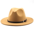 Detail of wool felt fedora hat featuring black leather band and gold metal buckle - M (56-58cm) / Camel