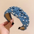 Denim blue knotted headband featuring white pearls and sparkling rhinestones for women - Sky Blue