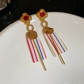 Detail of vintage flower earrings with red gems and striped rectangle pendants - 14# Silver Pin-Flower-White-Colorful Gemstone Rectangular